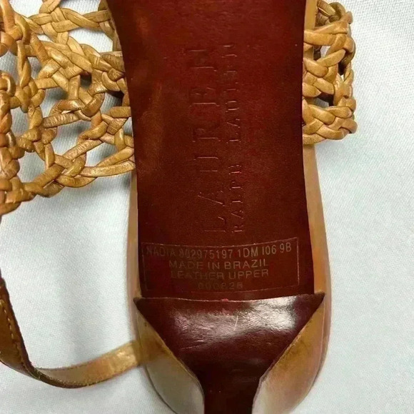 Lauren Ralph Lauren Nadia Brown Tan Leather Woven Sandal Strap Heel Womens Sz 9B - Picture 7 of 10